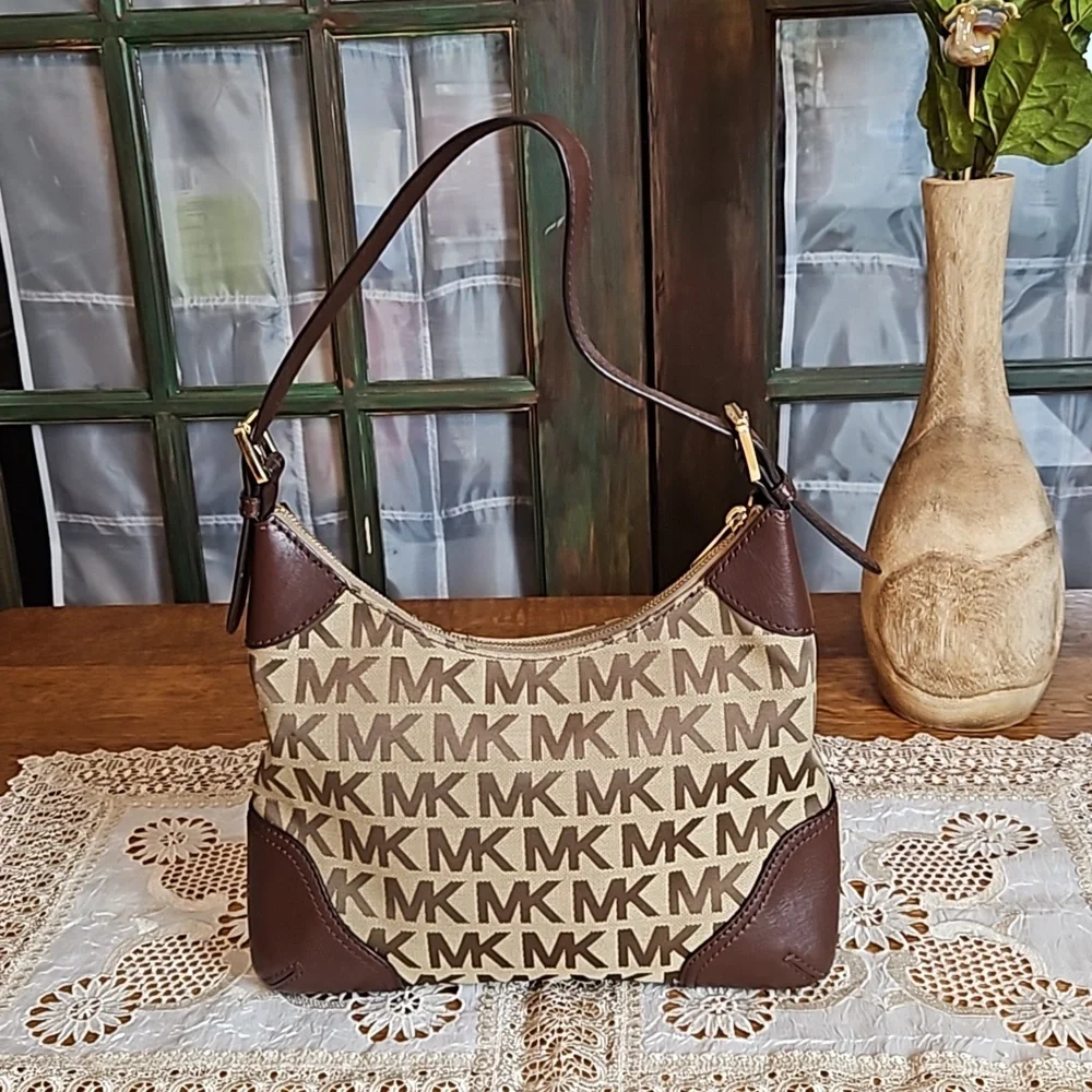 Michael Kors Millbrook Signature MK Brown Tan Jacquard Leather Shoulder Hobo Bag - Picture 3 of 12